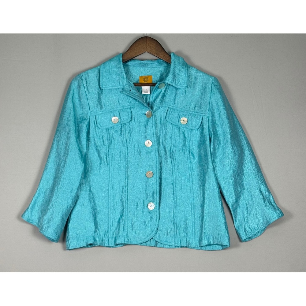 Ruby Rd Button Up Jacket Women 8 Turquoise NWOT Y2K Textured Shiny 3/4 Sleeve
